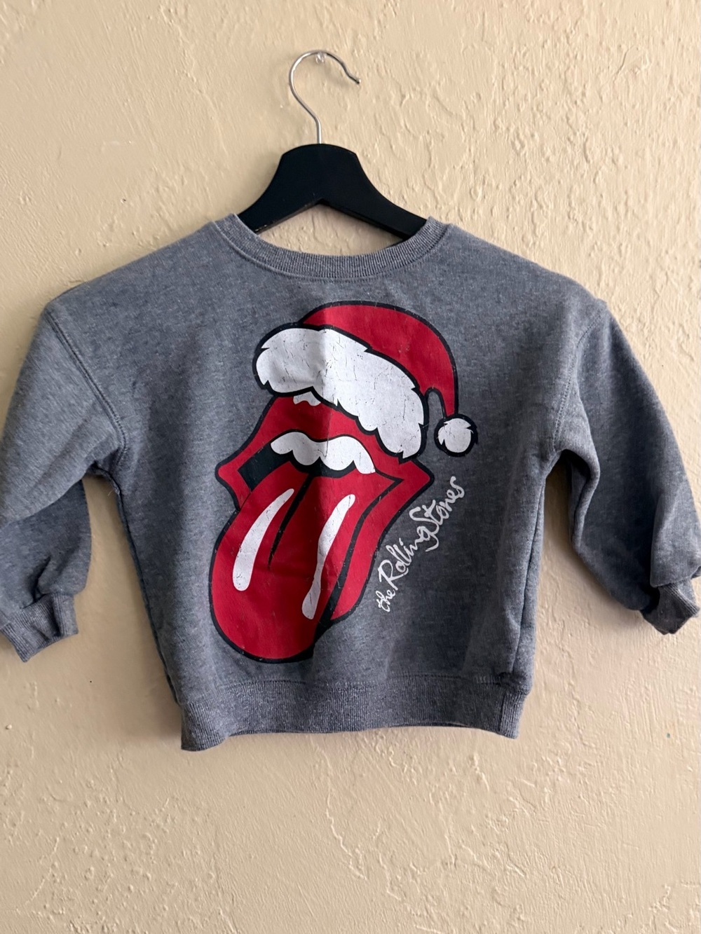 the Rolling Stones Gray Kids Sweatshirt with Red Tongue Santa Graphic
